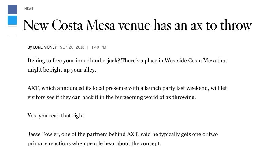 The headline and opening lines of the Daily Pilot story, New Costa Mesa venue has an ax to throw, dated September 20, 2018, which quotes me as one of the partners behind AXT. Source: the Daily Pilot story as archived by the Internet Archive, captured September 25, 2026.
